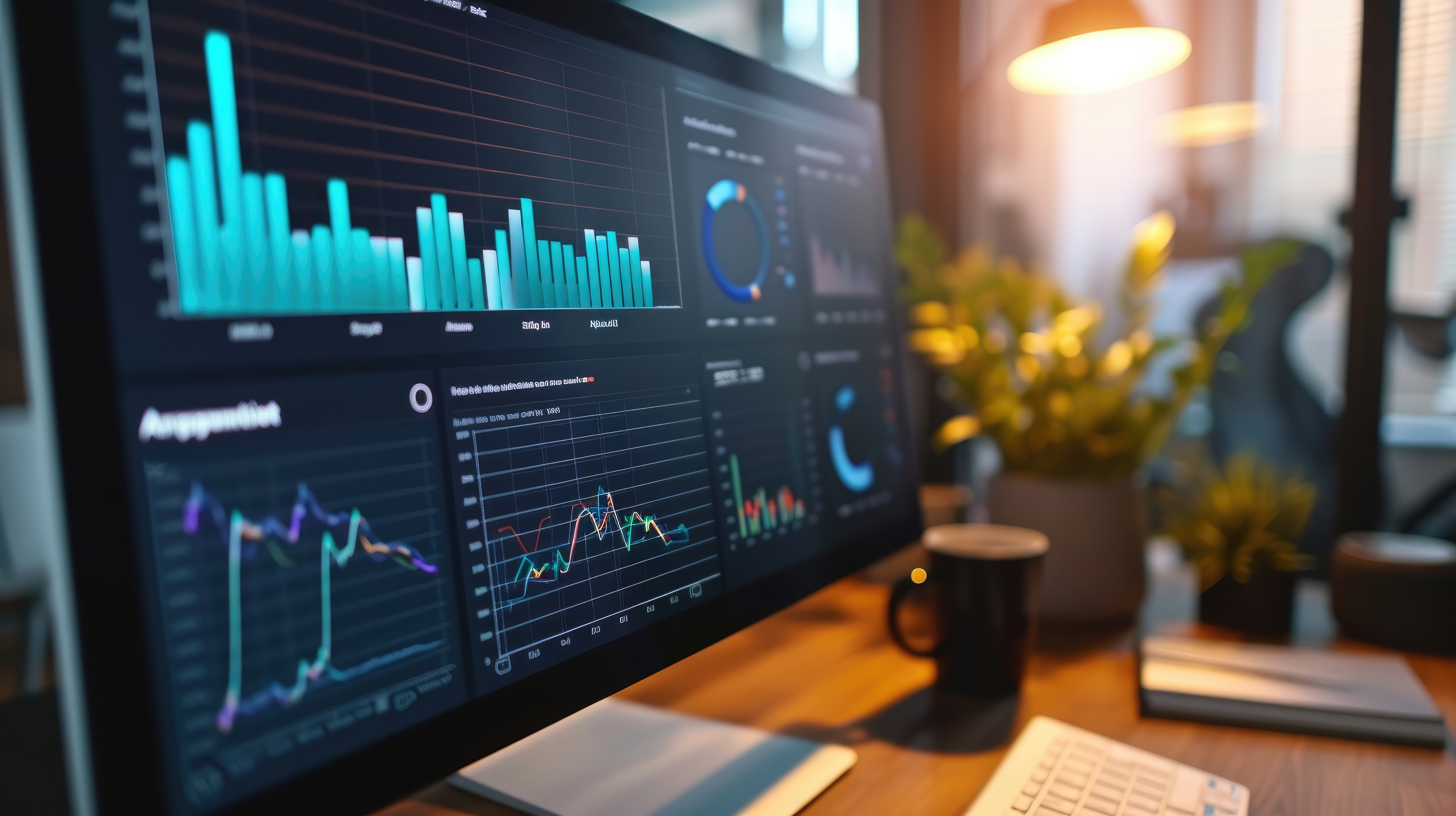 Data visualizations and performance charts on a desktop monitor in a business analytics workspace
